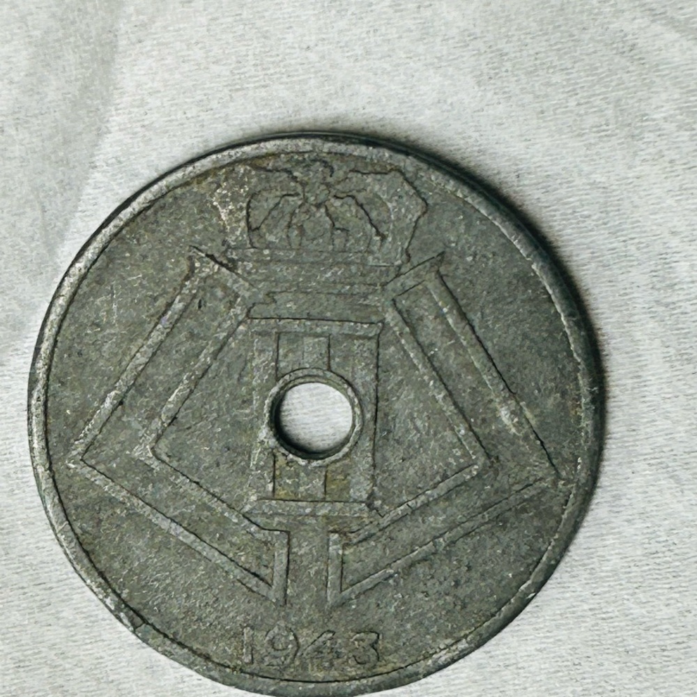 1943 Belgium Coin 25 Centimes Collectible Vintage Center Hole Zinc